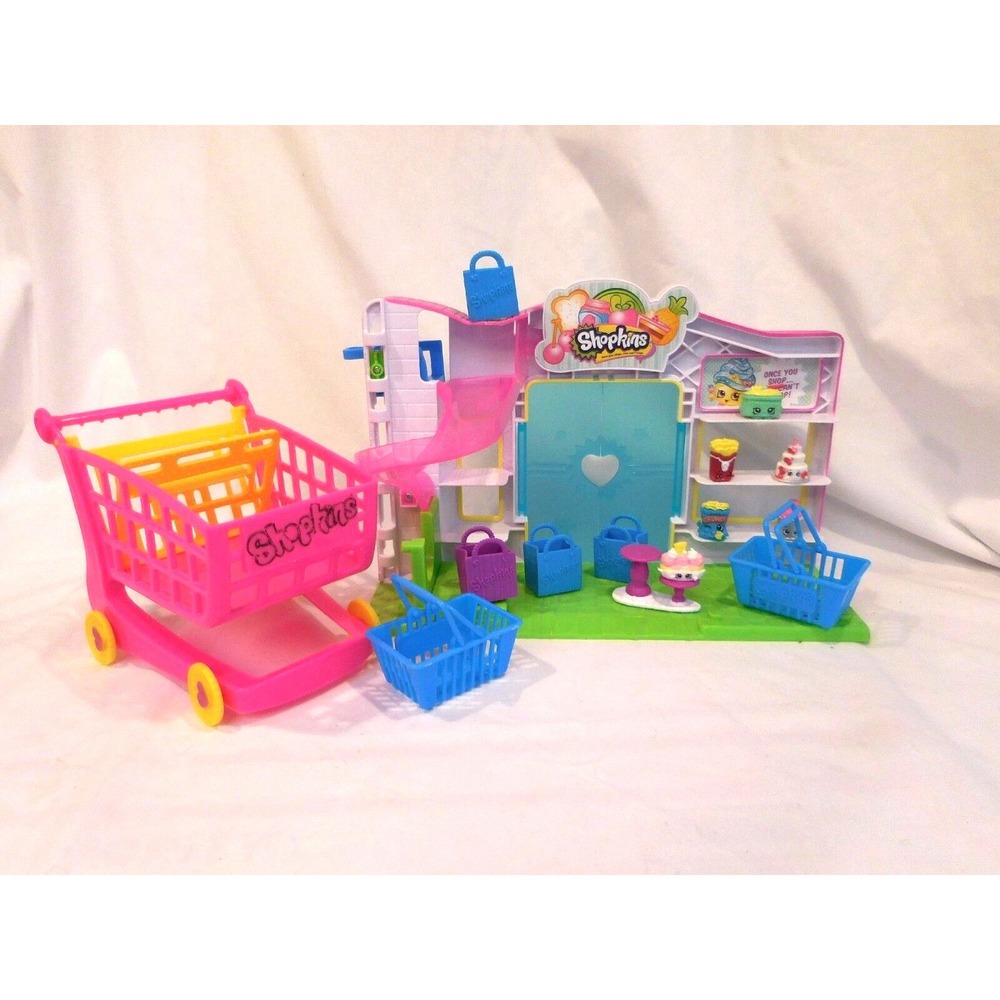 Miniature SHOPKINS SMALL MART SET Smallmart Grocery PLAYSET Cart + Bags Shopkins